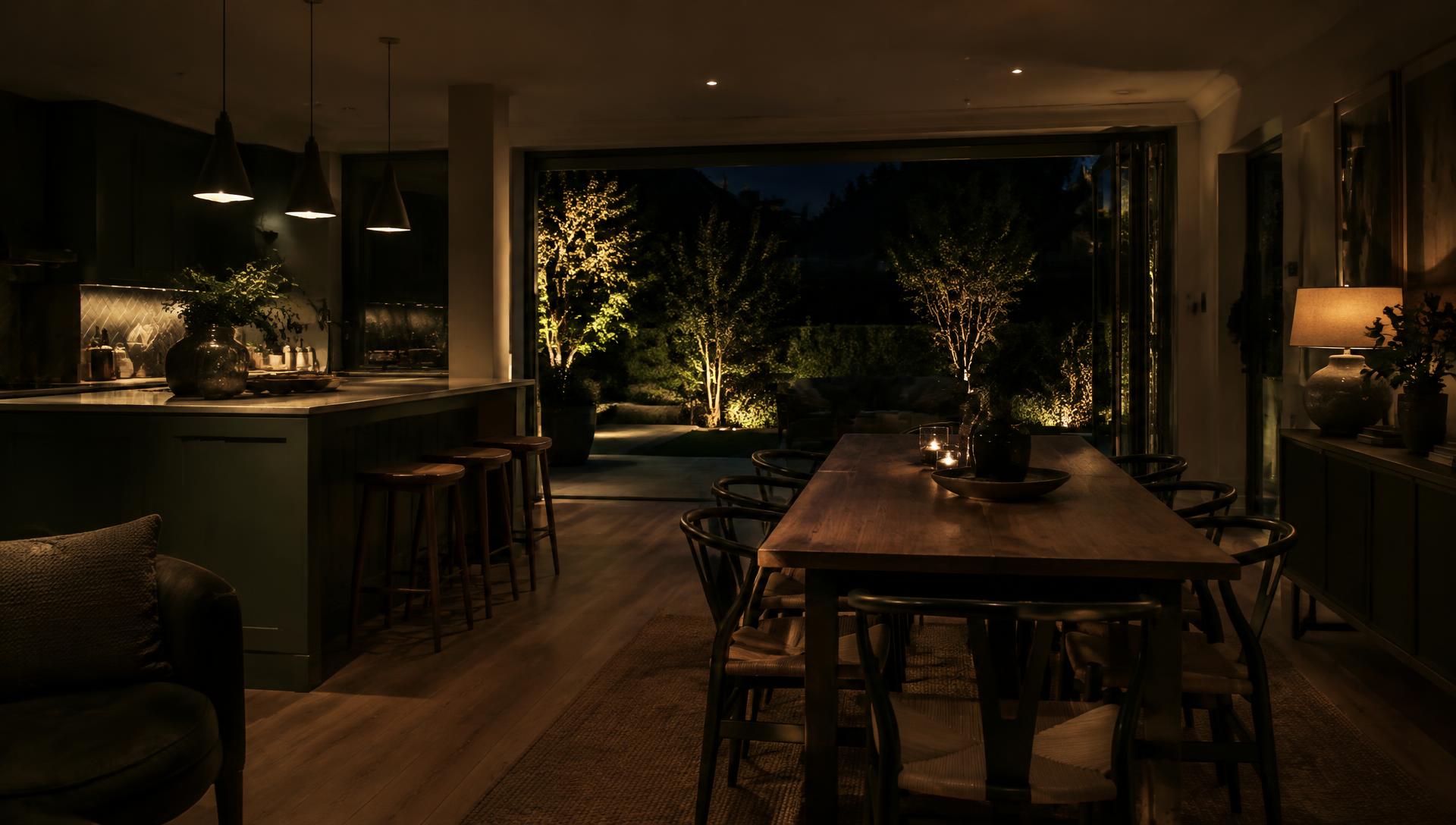 Open plan UK kitchen diner at night